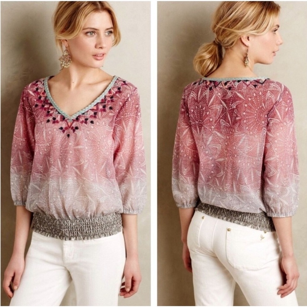 Akemi + Kin Blouse Women's Small Boho Embroidered Sheer Mesh Pink Purple Top - Picture 2 of 10
